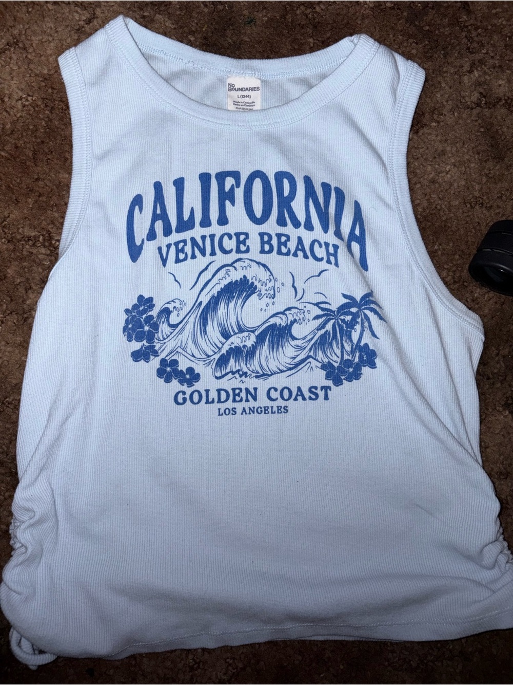 No Boundaries White Tank Top with Blue California Venice Beach Graphic